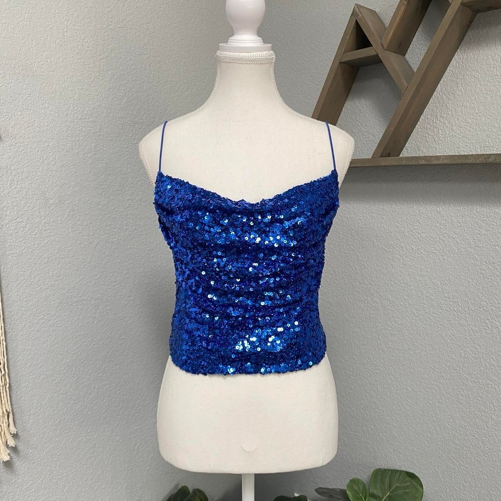 THIRTY THIRTY BLUE SEQUIN CAMI TOP Y2K GLAM ROMANTIC GOING OUT RAVE FESTIVAL